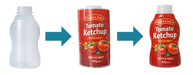 Aplicación de manga termoencogible mediante calor para ajustar la etiqueta al contorno del envase